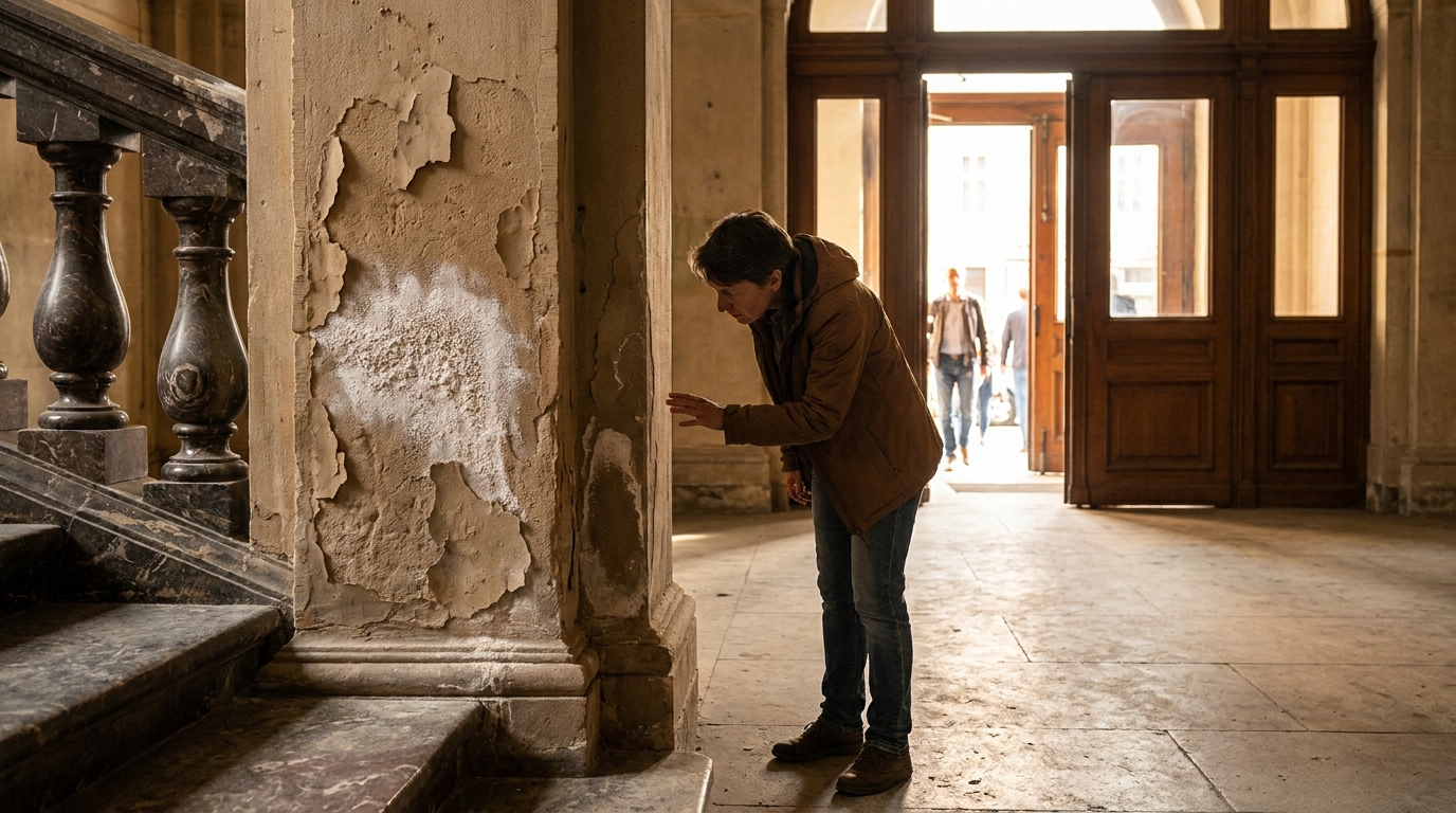 Historisch wirkendes Treppenhaus mit Natursteintreppe und einer Person bei der Oberflächenbetrachtung
