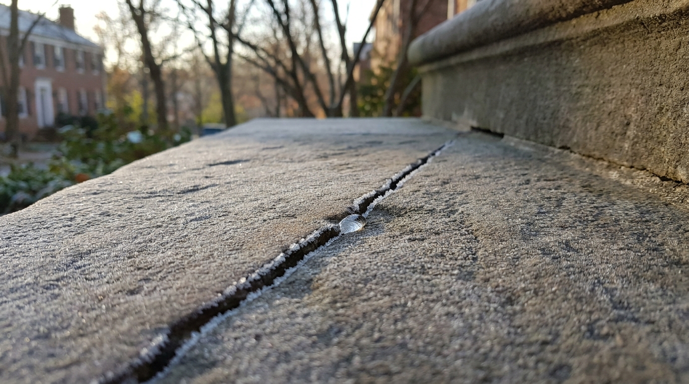 Frostbelegte Natursteinfuge im Außenbereich